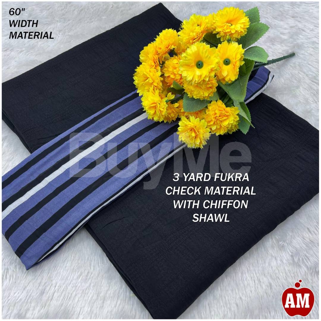 3 YARD FUKRA CHECK MATERIAL WITH CHIFFON SHAWAL - BLACK COLOR