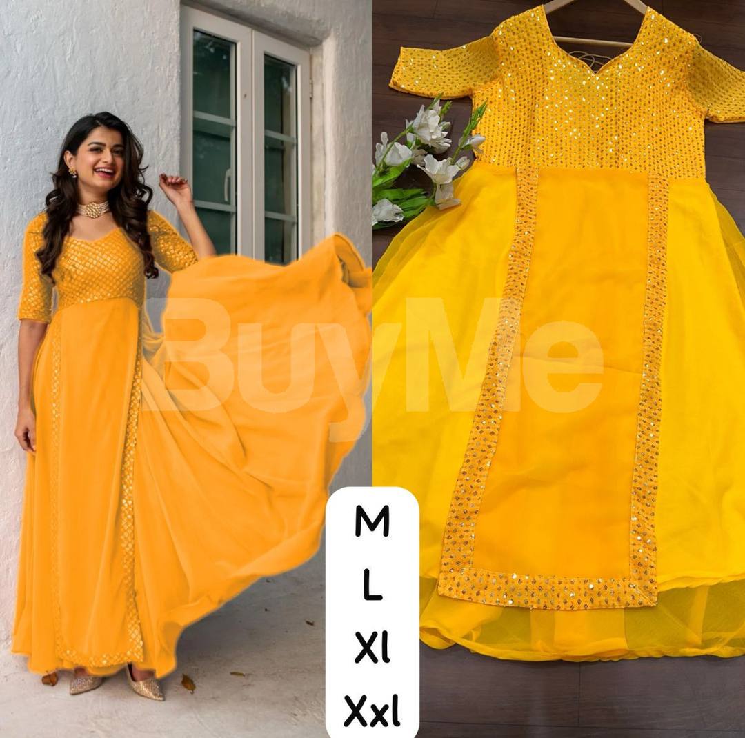 HEAVY EMBROIDERY SEQUENCE WORK GOWN- YELLOW