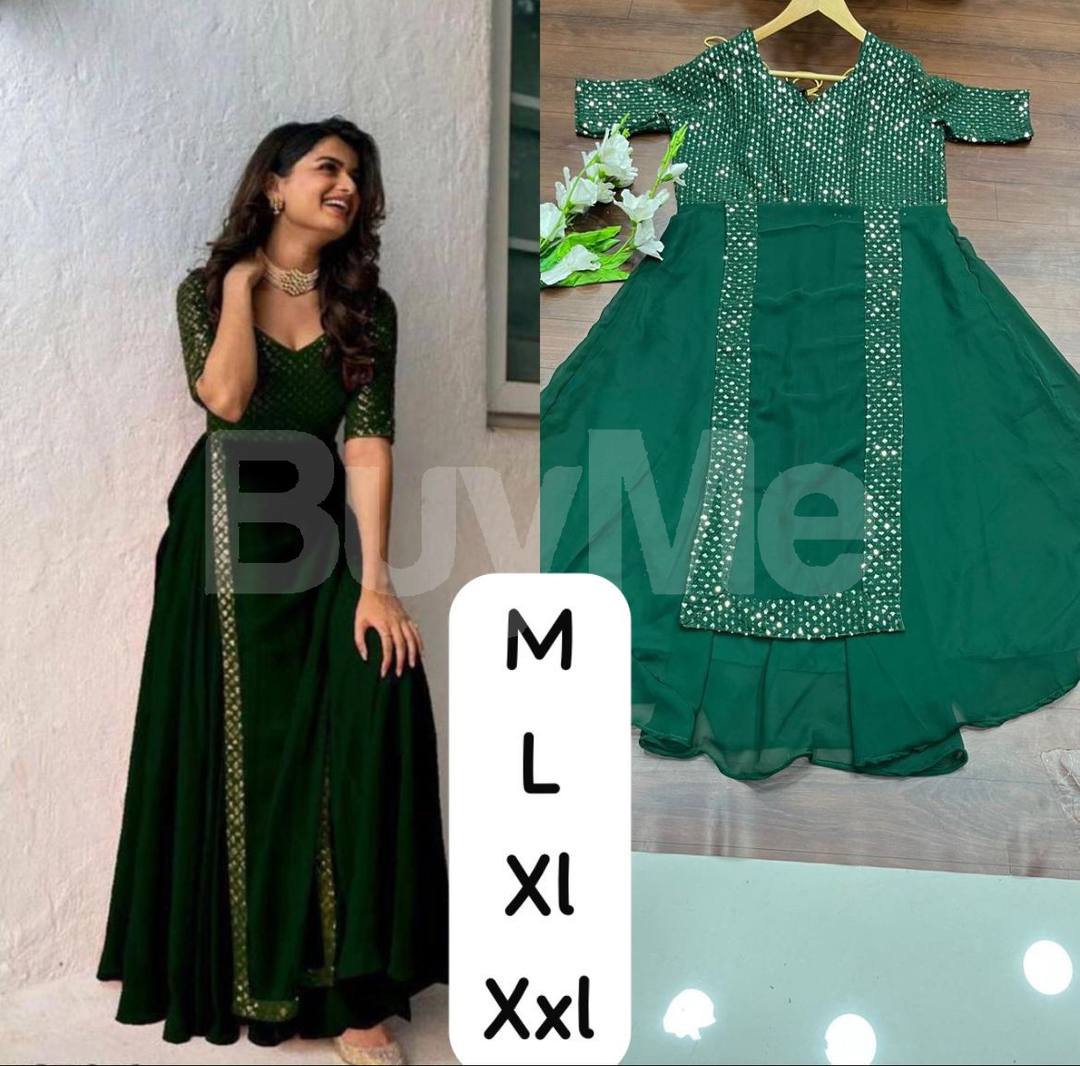 HEAVY EMBROIDERY SEQUENCE WORK GOWN- GREEN