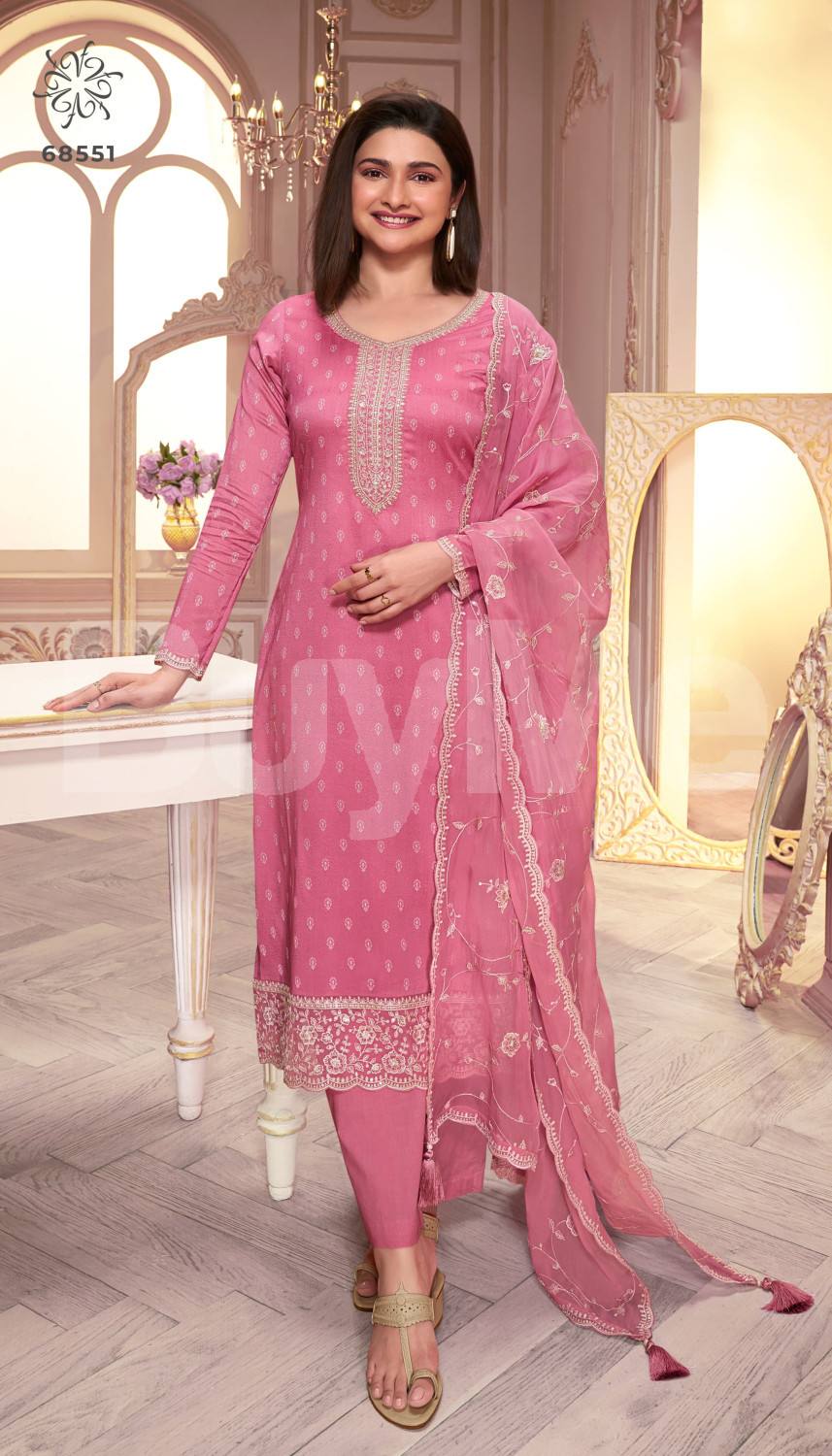 HEAVY SILK PRINT WITH SEQUENCE EMBROIDERY STITCH WORK DRESS - PASTEL PINK