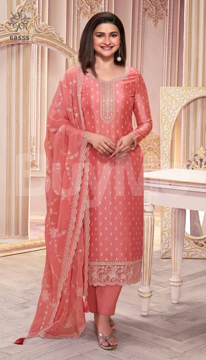 HEAVY SILK PRINT WITH SEQUENCE EMBROIDERY STITCH WORK - CORAL ORANGE