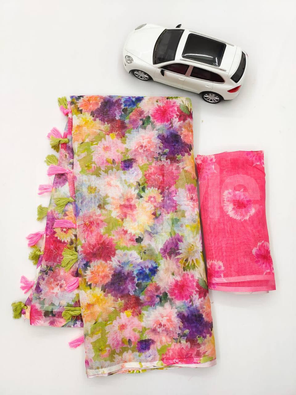 LINEN SAREE WITH DIGITAL PRINT - COLOURFUL FLORAL DESIGN