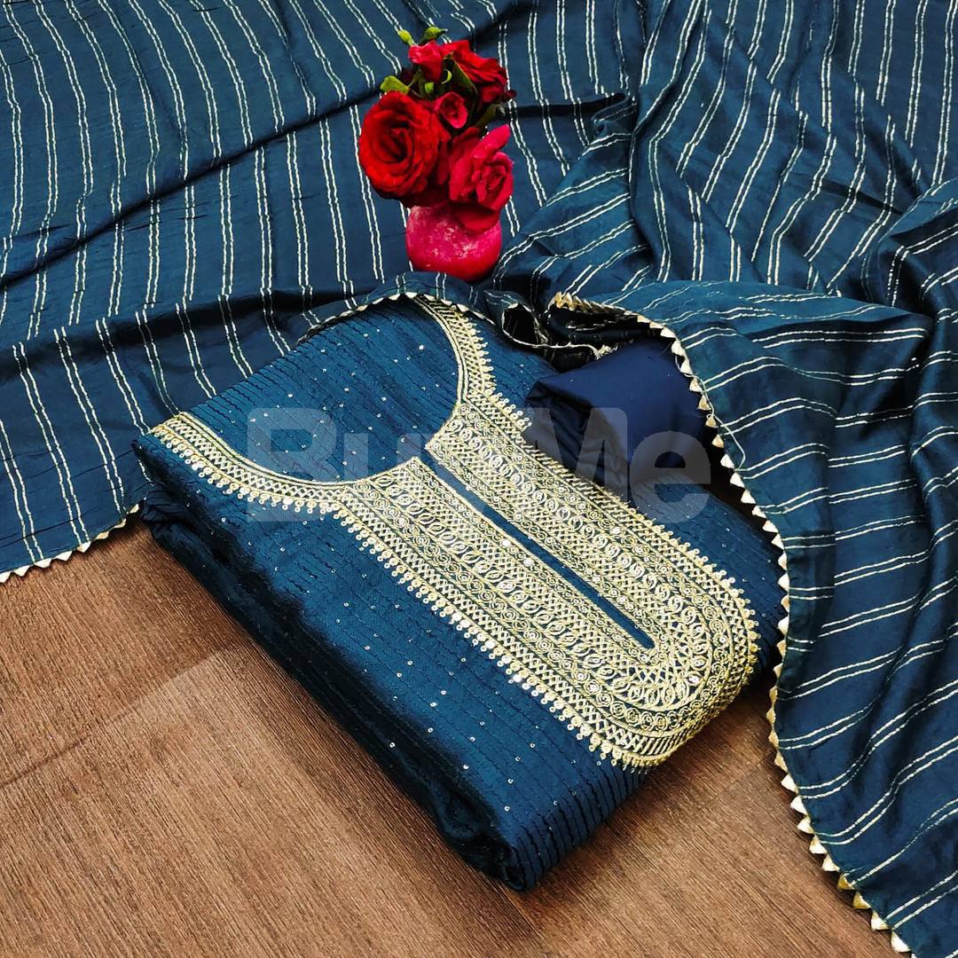 DIABLE CHANDERI CROSET WORK WITH EMBROIDERY DRESS - BLUE