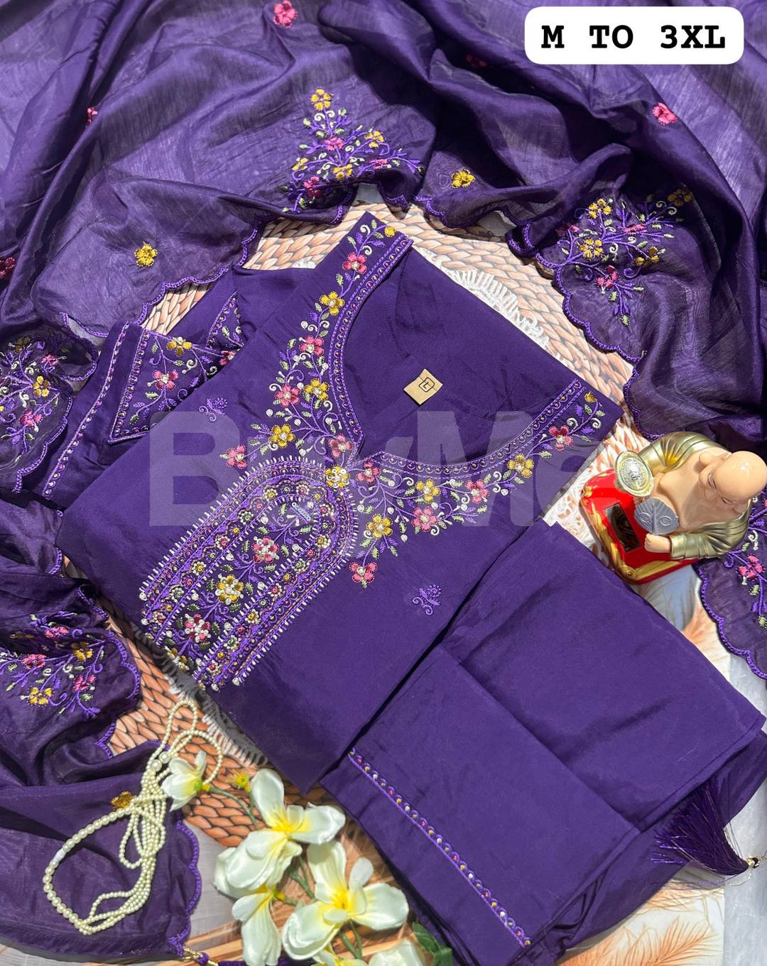 HAND WORK KURTI WITH DUPATTA PANTS SET - PURPLE