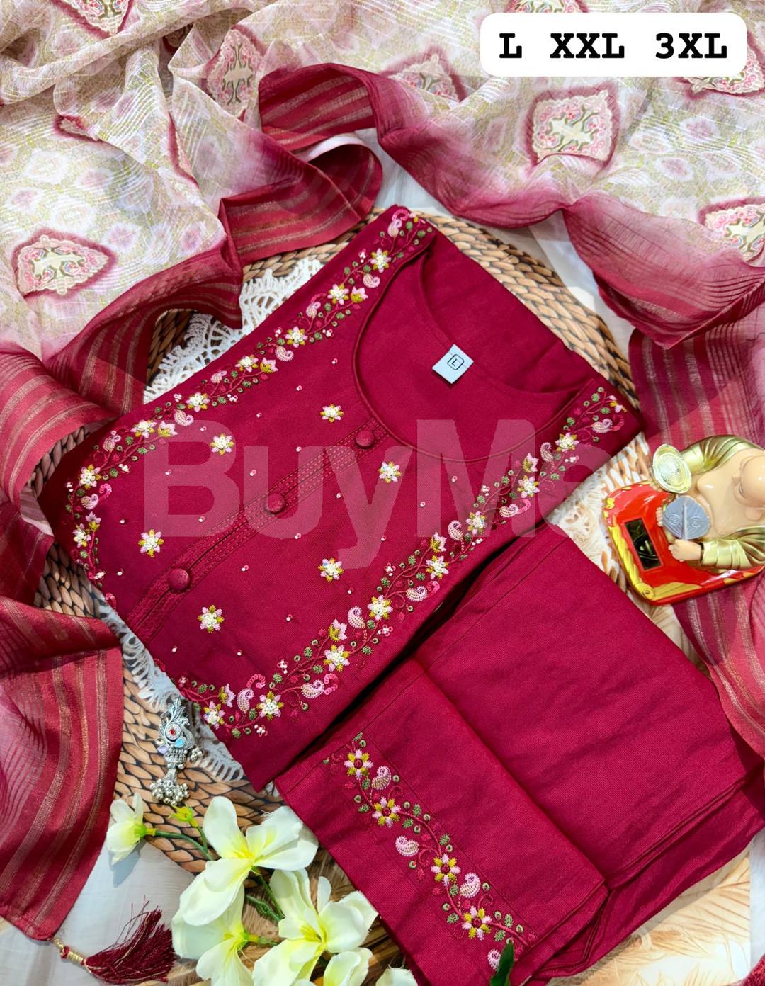 HAND WORK KURTI WITH DUPATTA PANTS SET - PINK