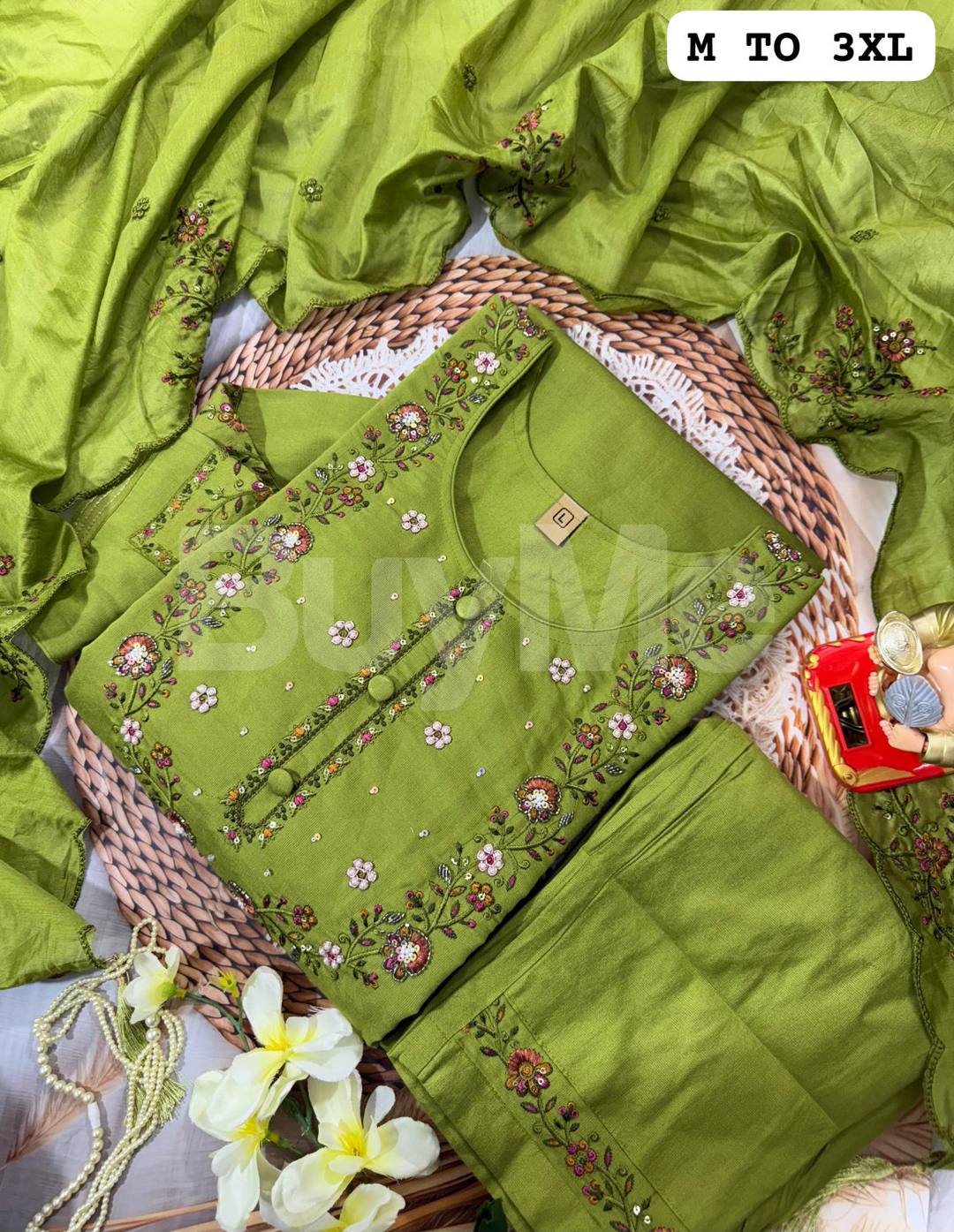 HANDWORK KURTI WITH DUPATTA PANTS SET - GREEN