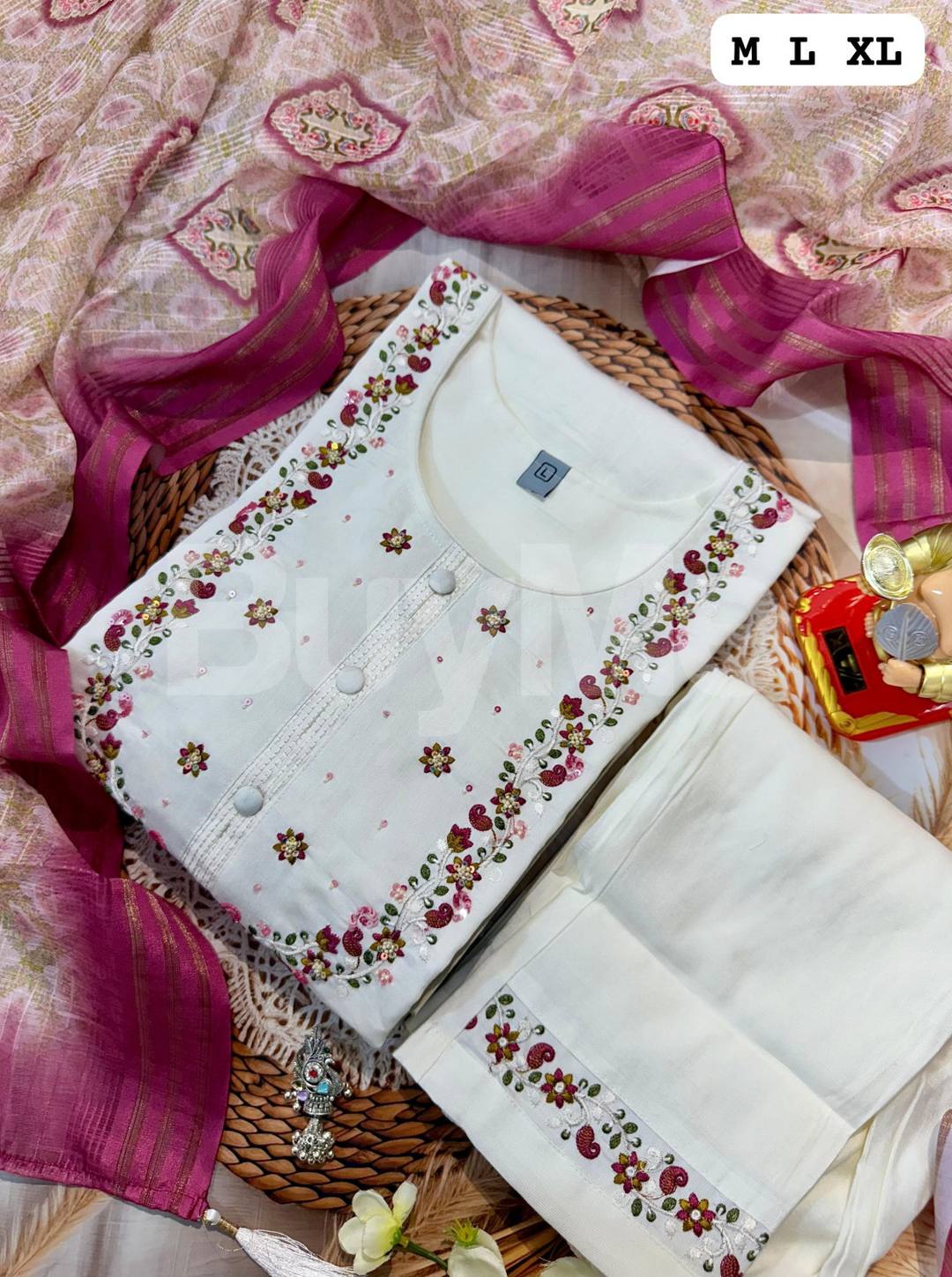 HANDWORK KURTI WITH DUPATTA PANTS SET - WHITE