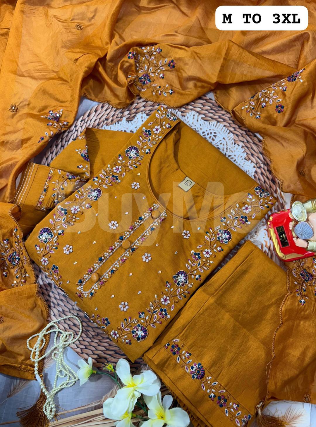 HANDWORK KURTI WITH DUPATTA PANTS SET - MUSTARD YELLOW