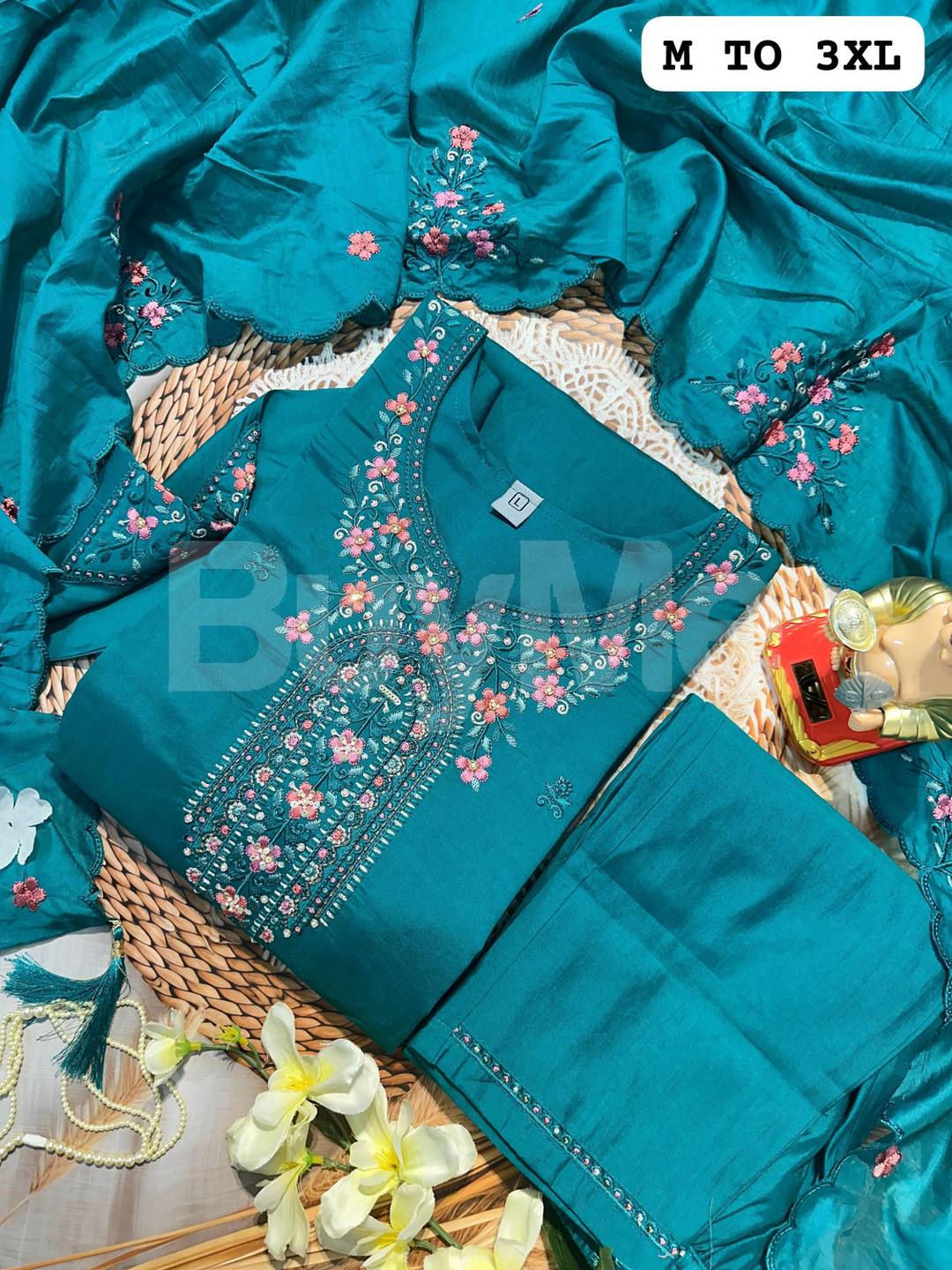 HANDWORK KURTI WITH DUPATTA PANTS SET - BLUE COLOR