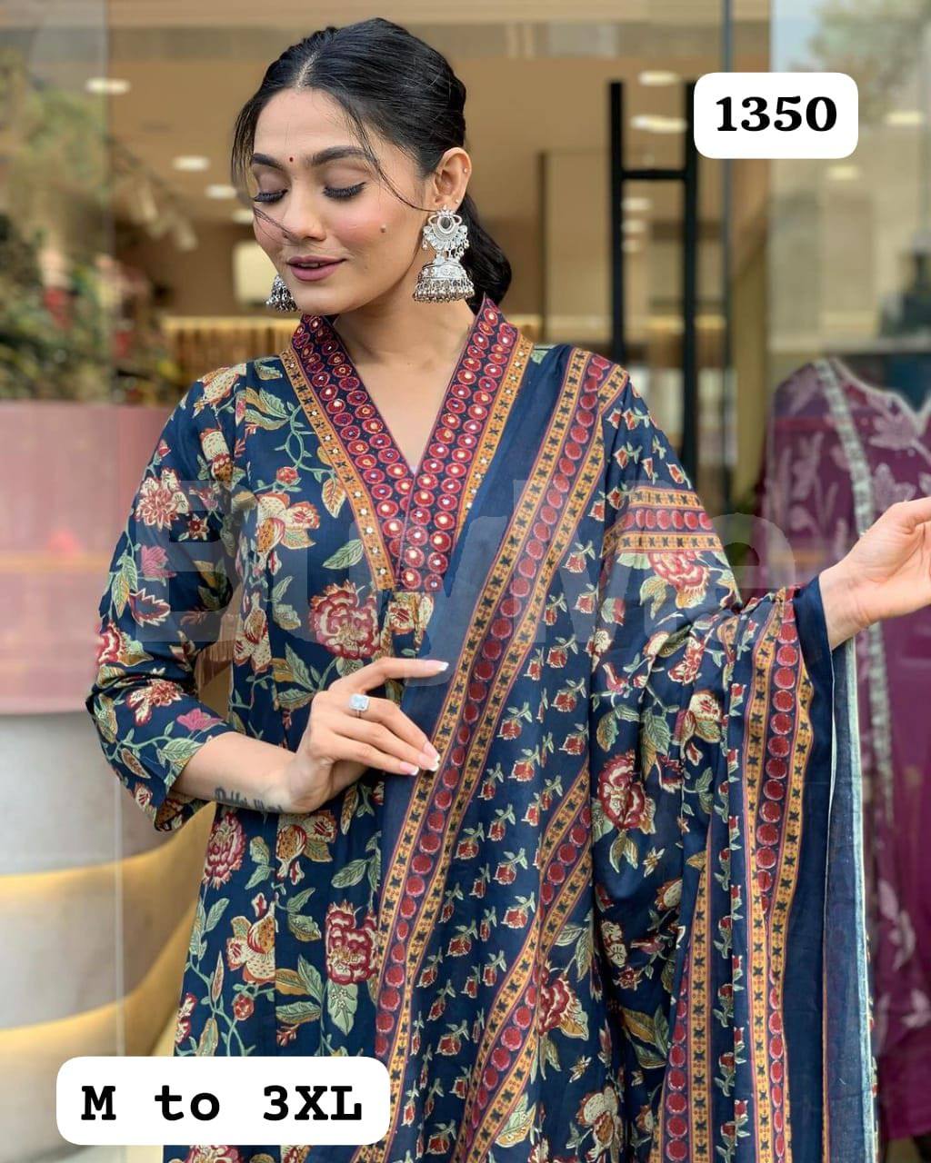 FLORAL KURTI PANT WITH COTTON DUPATTA - BLUE