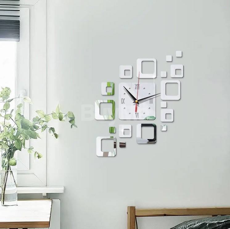 FASHION 3D DIY NOVELTY MODERN DESIGN SQUARE SHAPE STICKER ACRYLIC MIRROR WALL CLOCK - SILVER