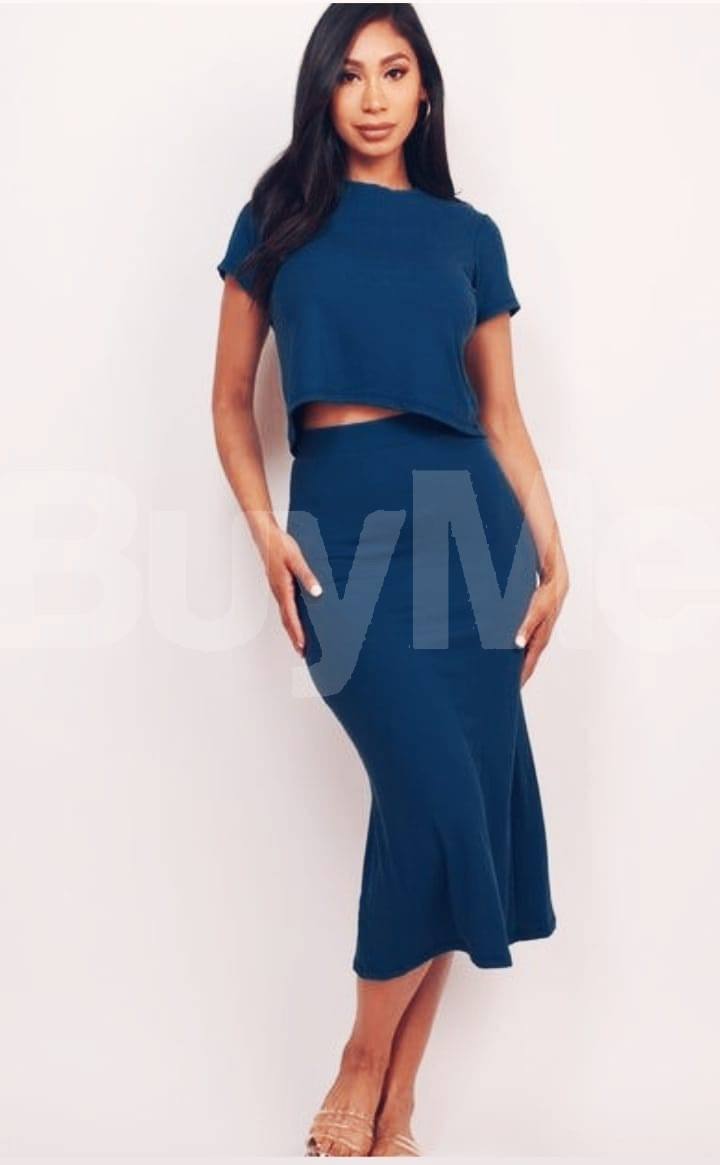 BODYCON SKIRT (SIDE SLIT ), ROUND NECK SHORT SLEEVE CROP TOP - BLUE