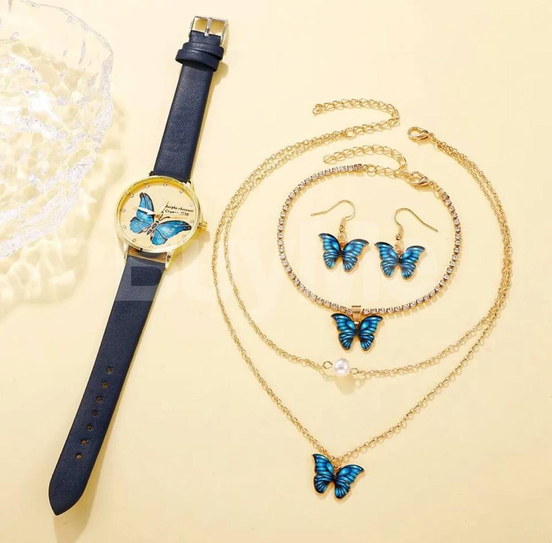 5PCS BLACK BUTTERFLY WATCH SET FOR LADIES
