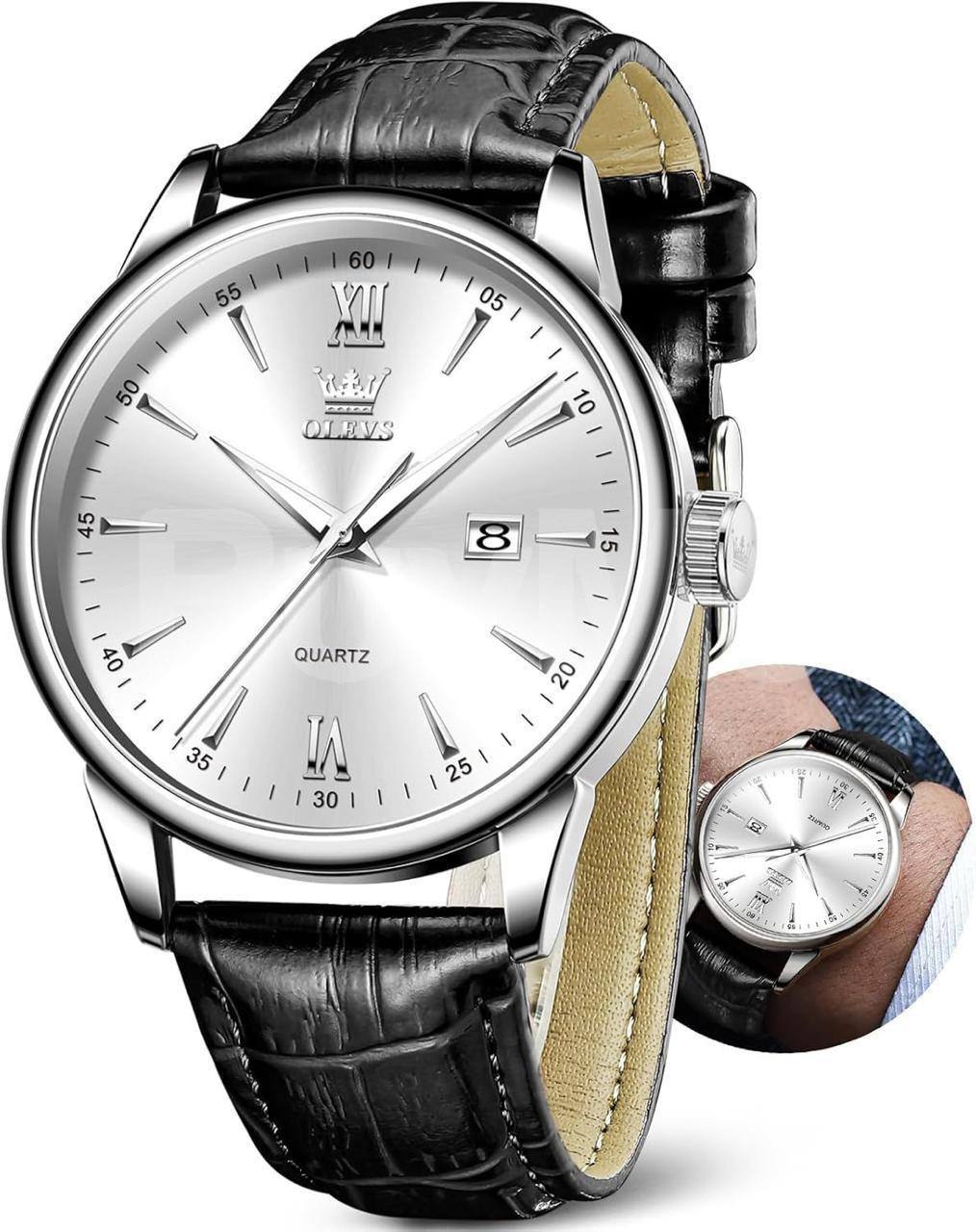 OLEVS DATE FASHION LEATHER STRAP WATCH FOR MENS - BLACK WITH WHITE