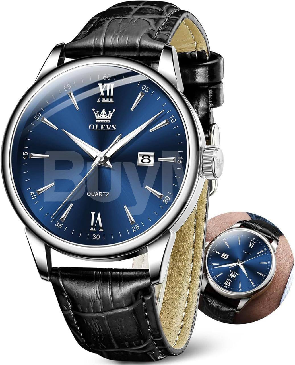 OLEVS DATE FASHION LEATHER STRAP WATCH FOR MENS - BLACK WITH BLUE