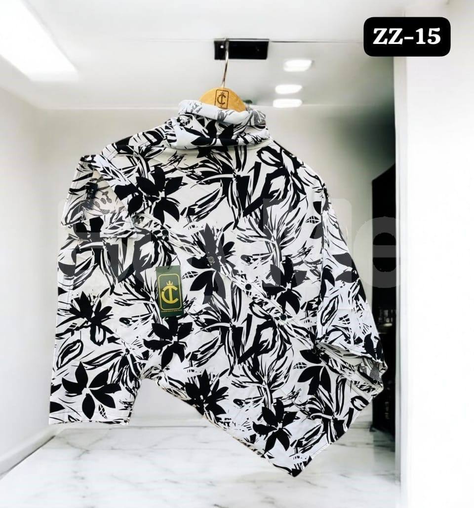 FLORAL PATTERN HAWAIN SHIRT - BLACK & WHITE
