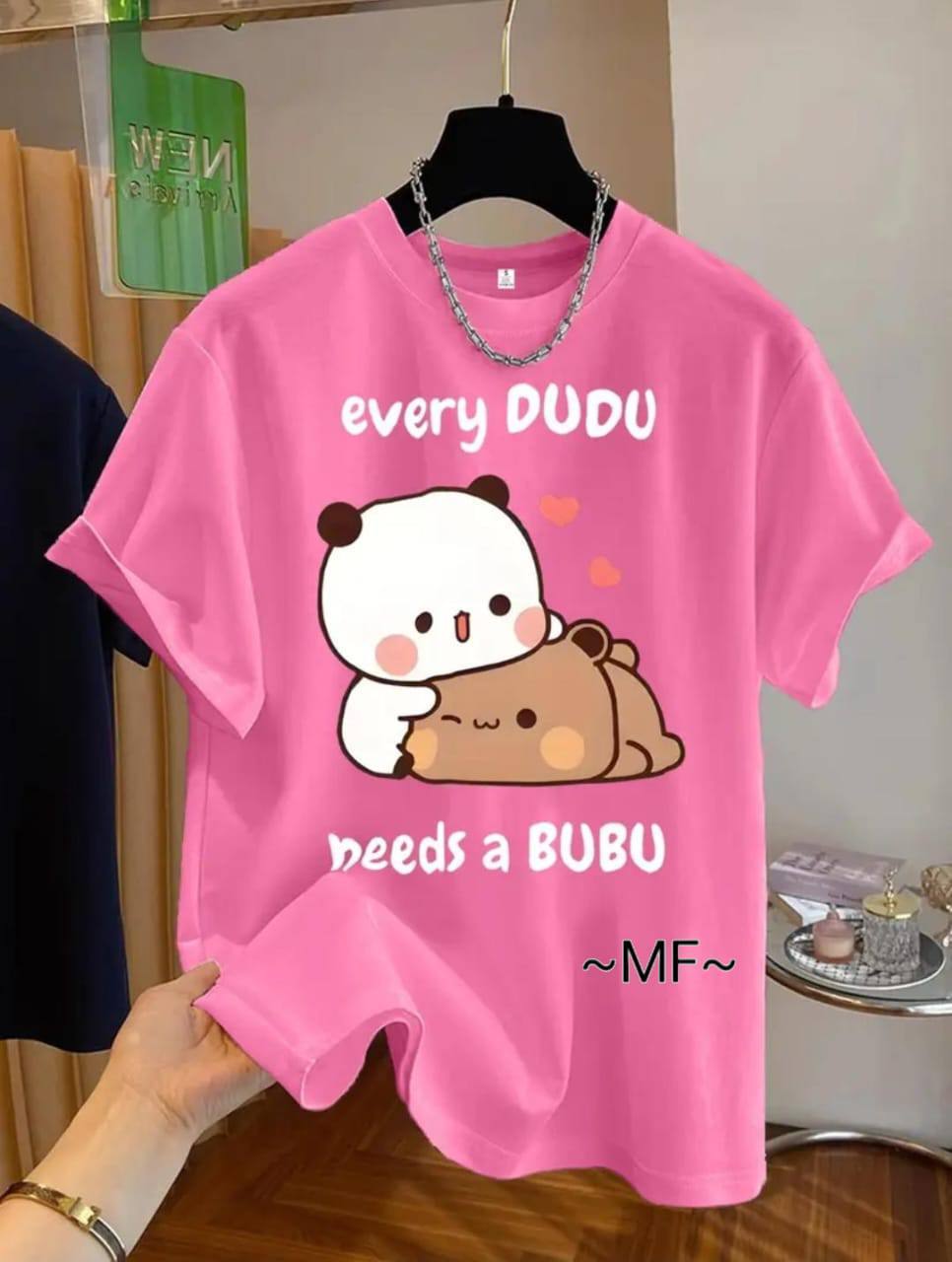 PINK TEE WITH 'EVERY DUDU NEEDS A BUBU' PRINT
