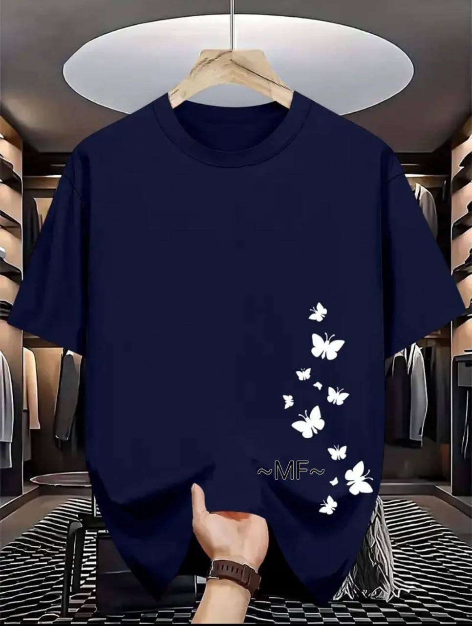 CASUAL TEE WITH 'BUTTERFLY' PRINT - NAVY BLUE
