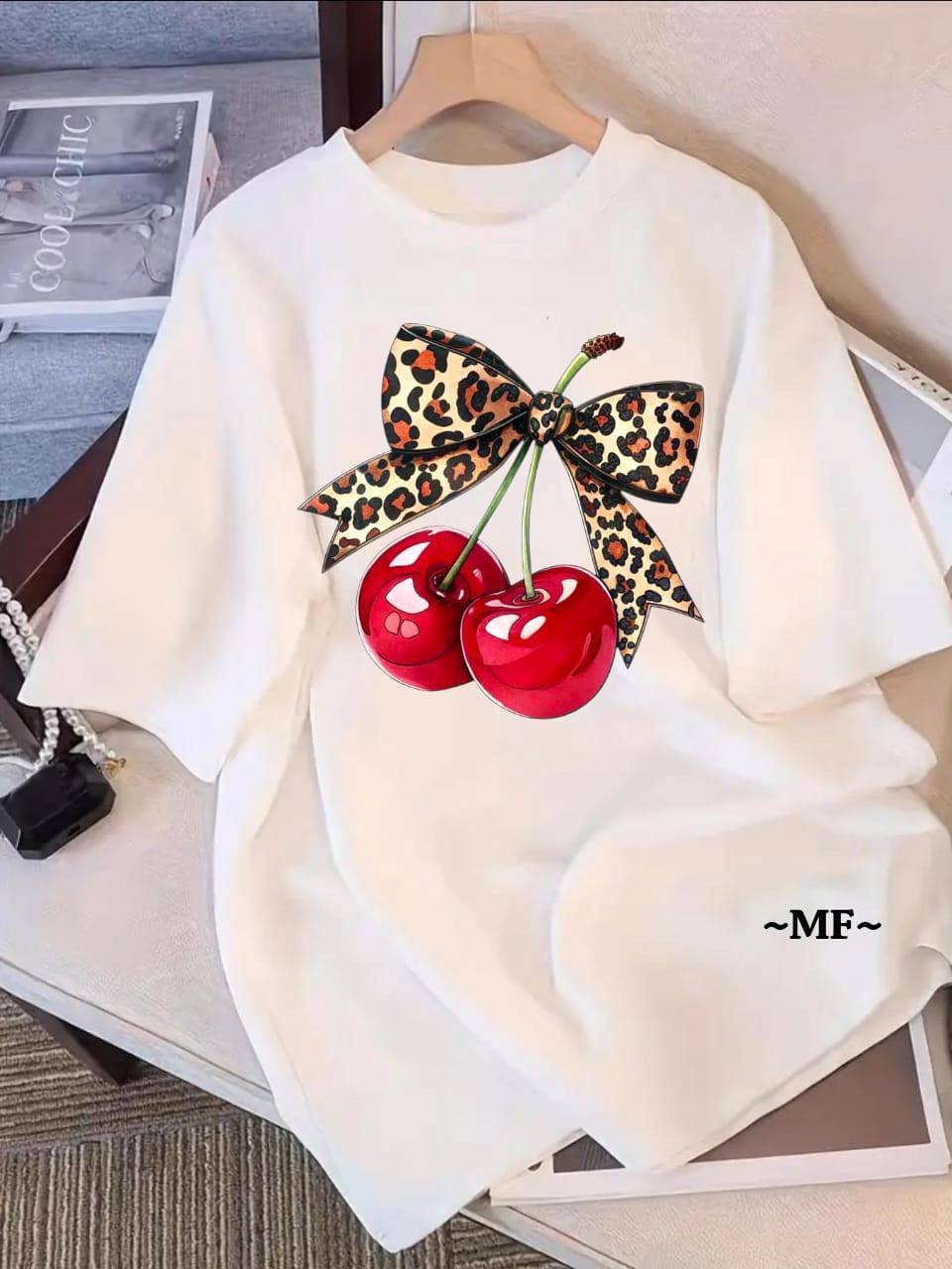 WHITE TEE WITH 'CHERRIES AND RIBBON BOW' PRINT