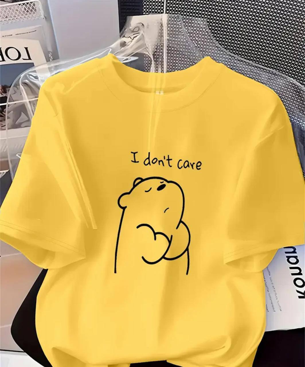 YELLOW TEE WITH 'I DON'T CARE' PRINT