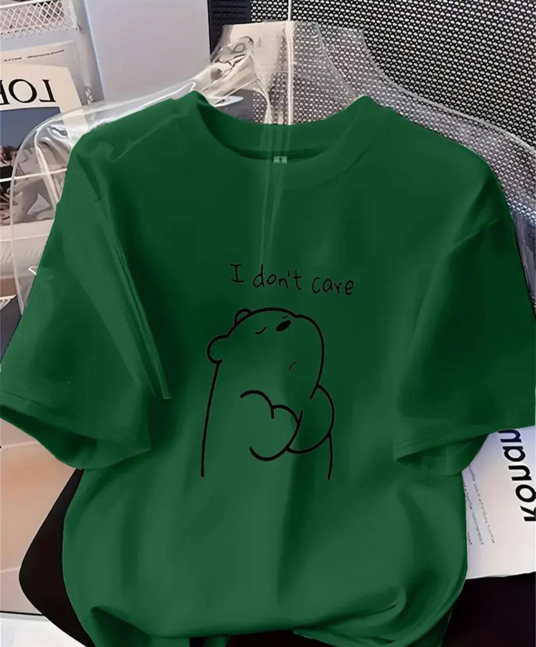 DARK GREEN TEE WITH 'I DON'T CARE' PRINT