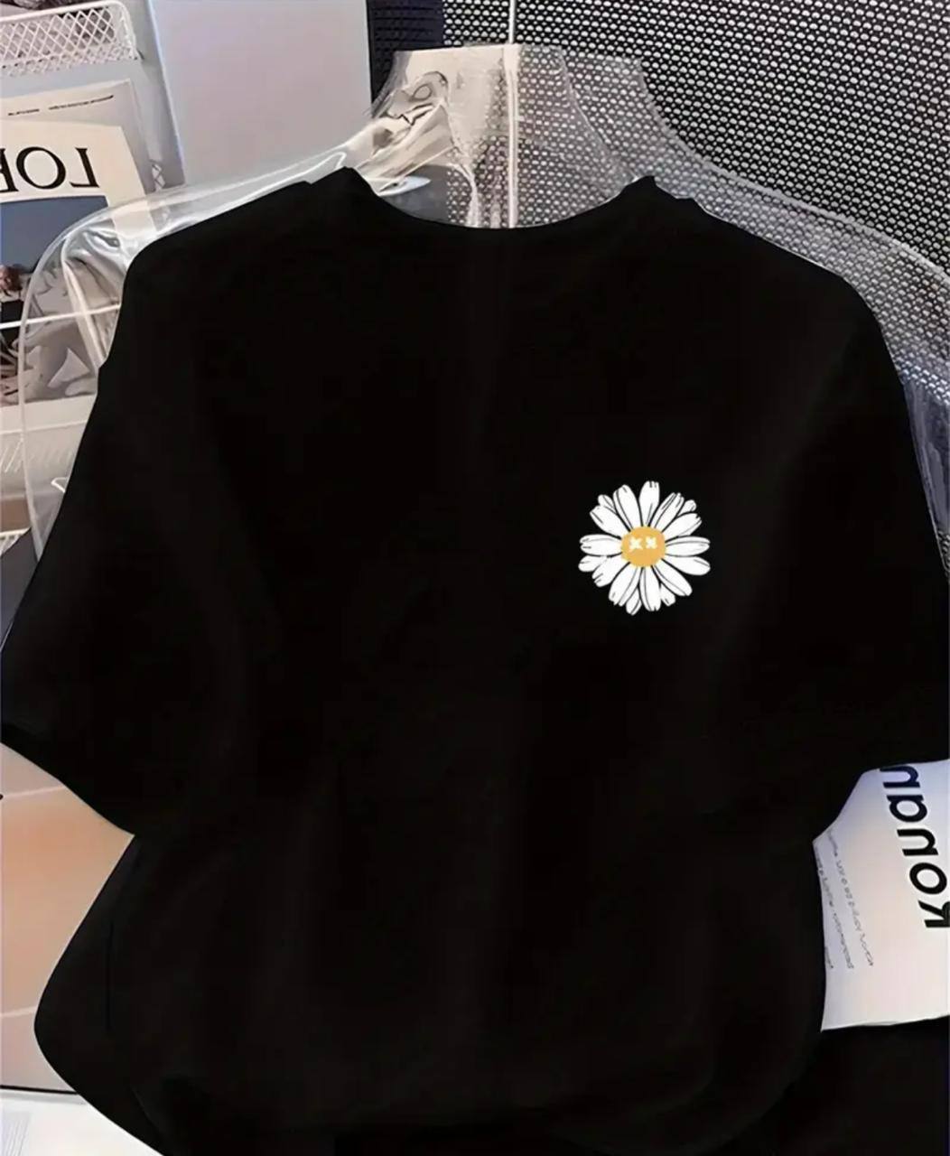 BLACK TEE WITH FLORAL DESIGN