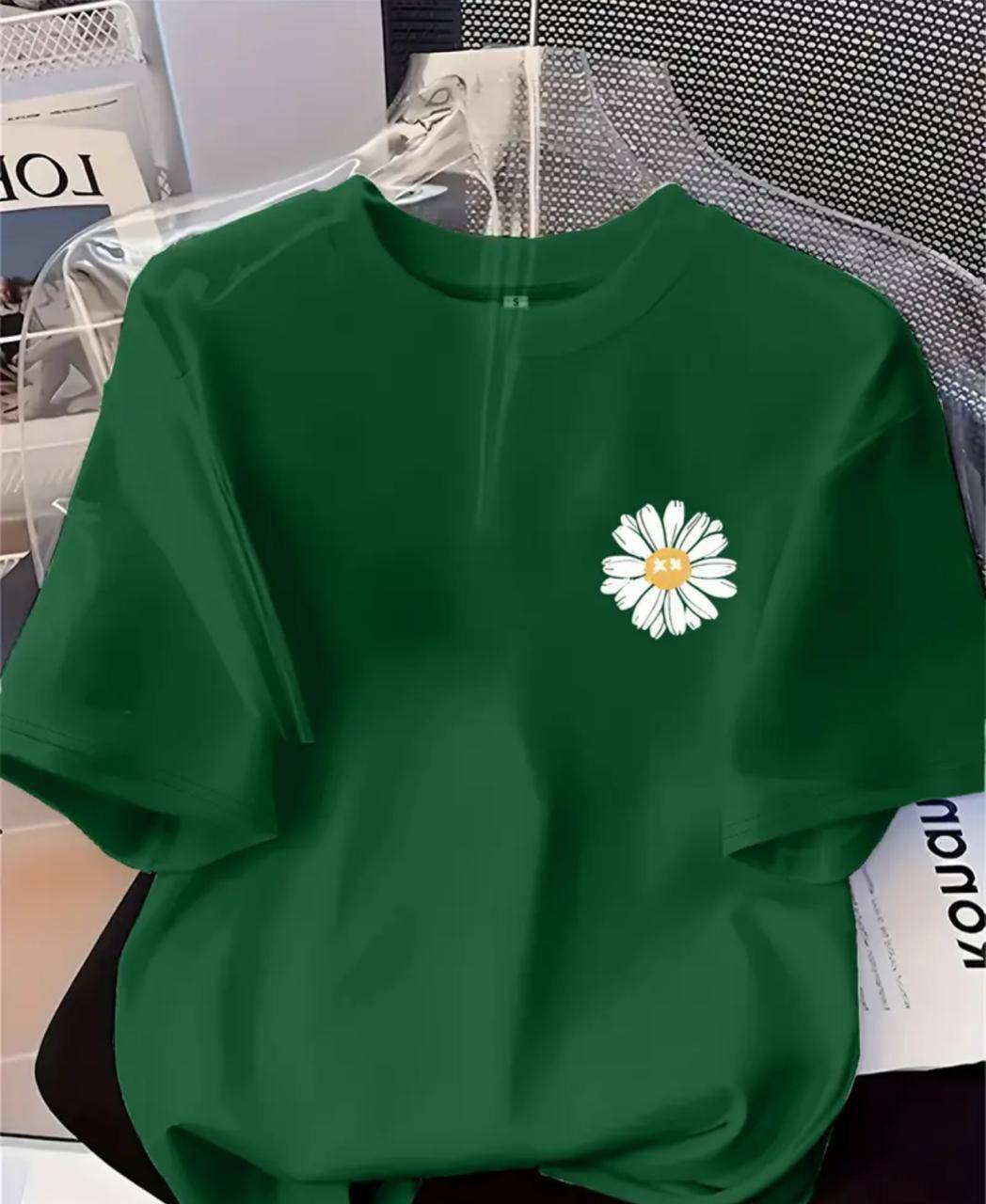 DARK GREEN TEE WITH FLORAL DESIGN