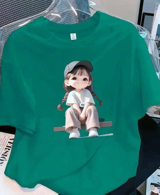 TEAL GREEN TEE WITH LITTLE GIRL PRINT