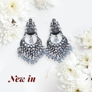 GODDESS LAKSHMI MOTIF OXIDIZED CHAND BALI WITH GREY DROPS