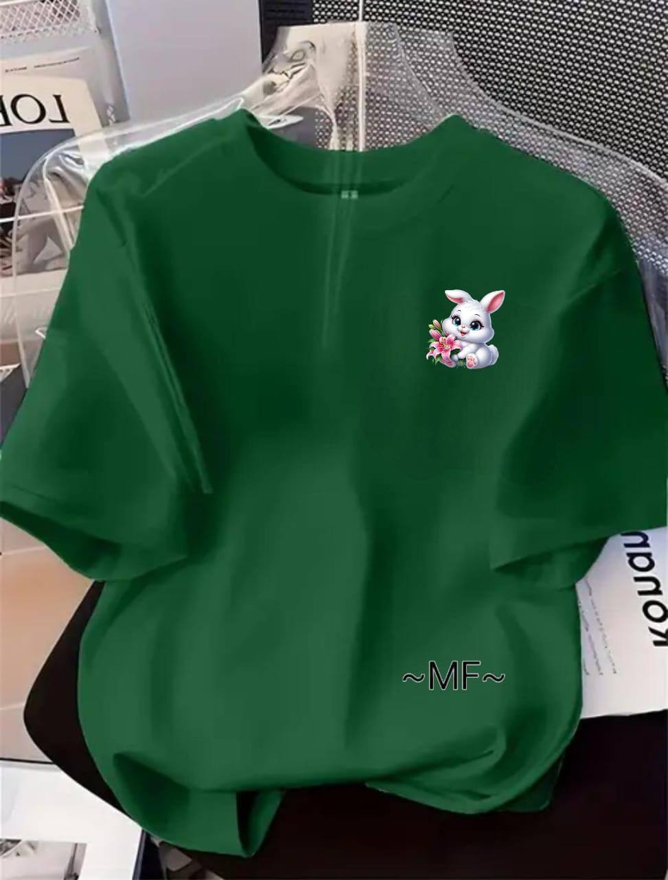 DARK GREEN TEE WITH A BUNNY PRINT