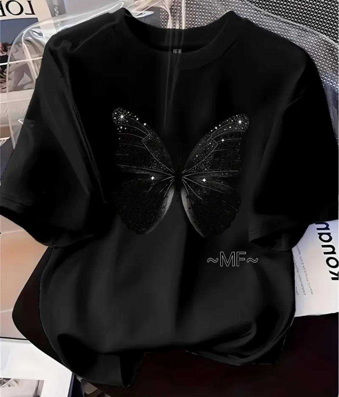 BLACK TEE WITH A BLACK BUTTERFLY PRINT