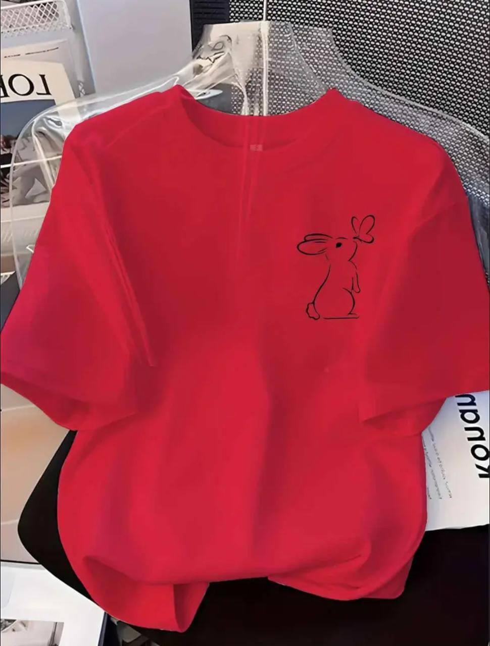 RED TEE WITH A CUTE RABBIT PRINT