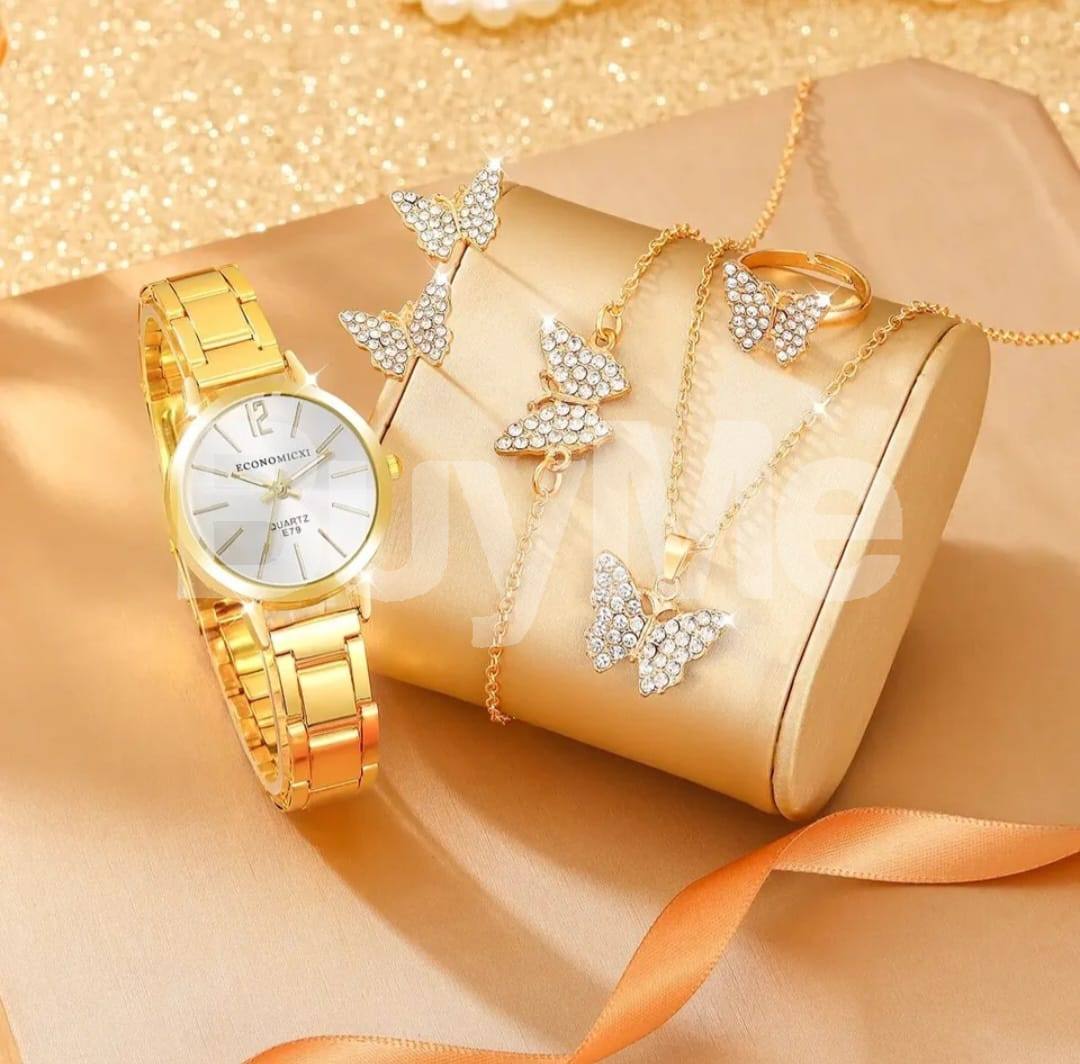 GOLD COLOUR WATCH, BRACELETS & NECKLESS - FULL SET