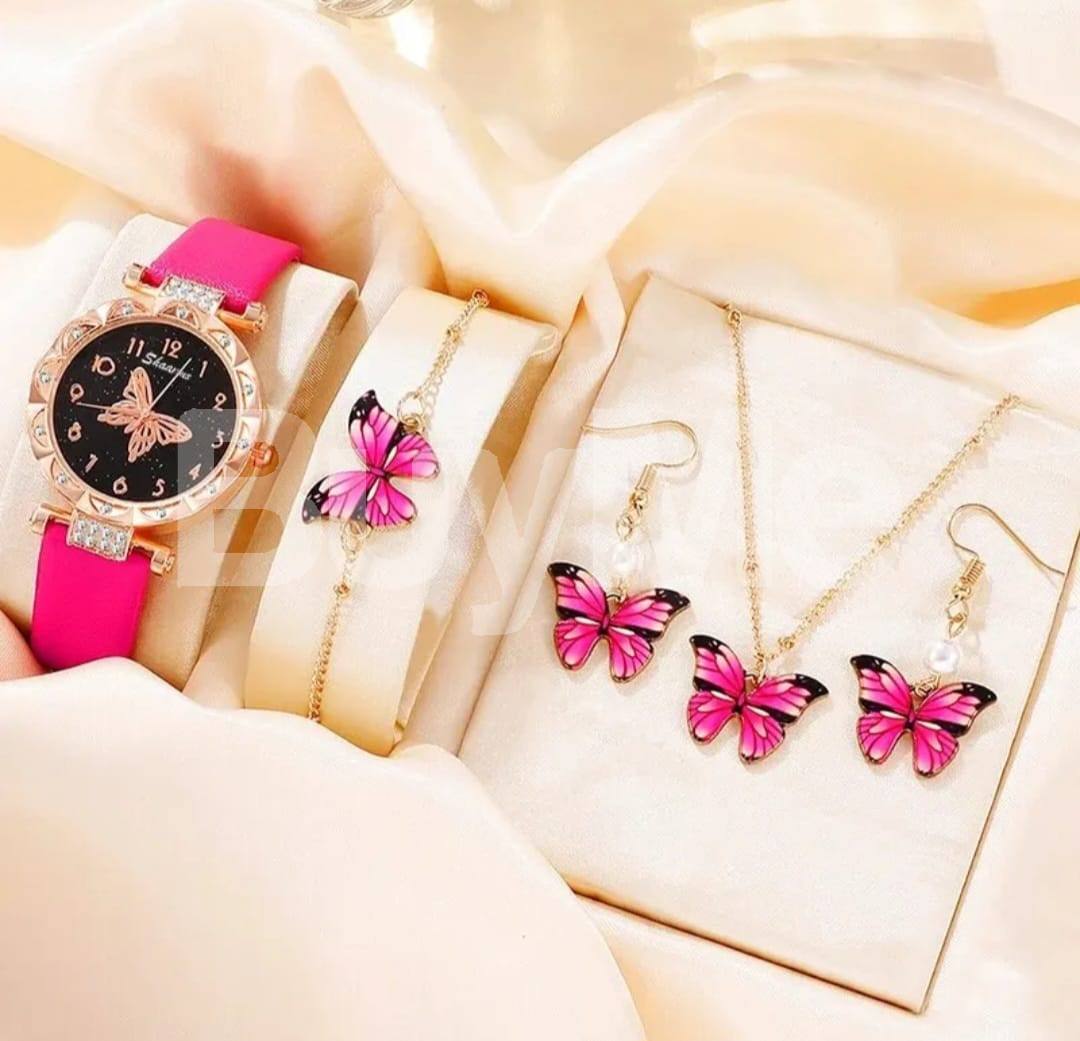 DARK PINK COLOUR WATCH & BRACELETS & NECKLESSS